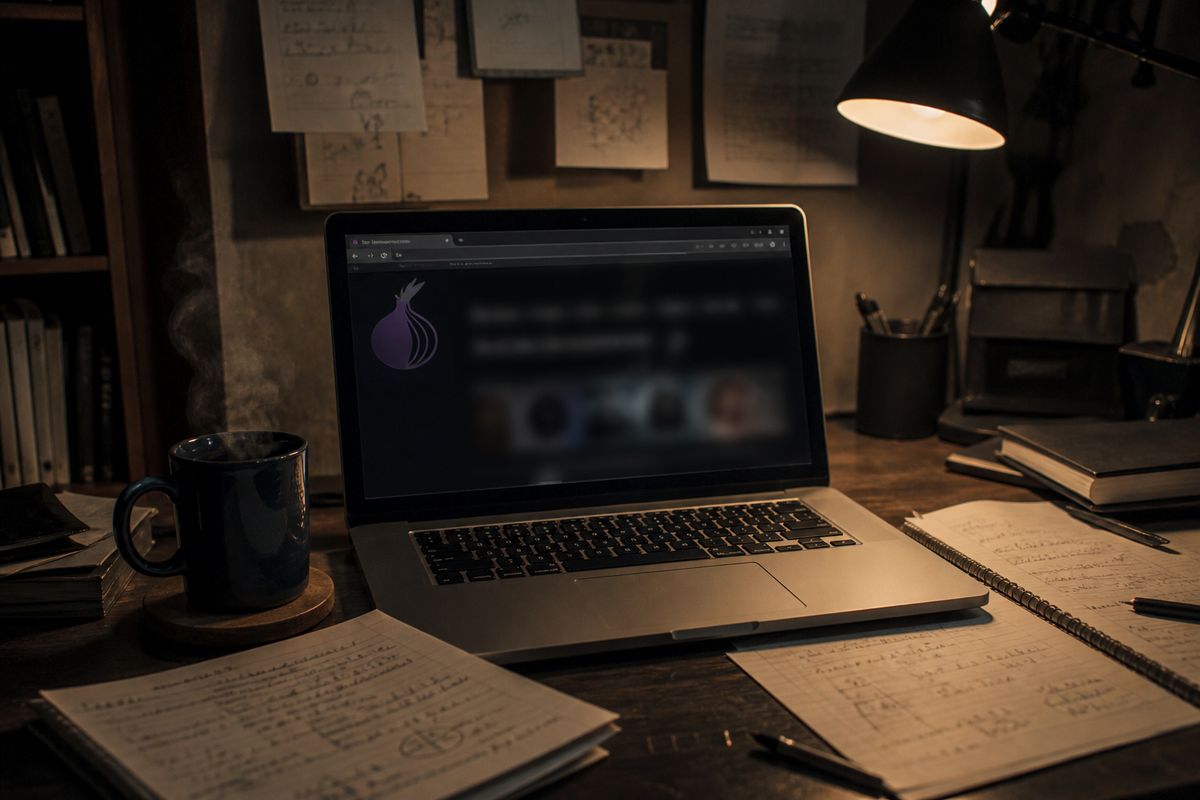 A dimly lit workspace with a laptop showing Tor Browser, symbolizing dark web exploration.