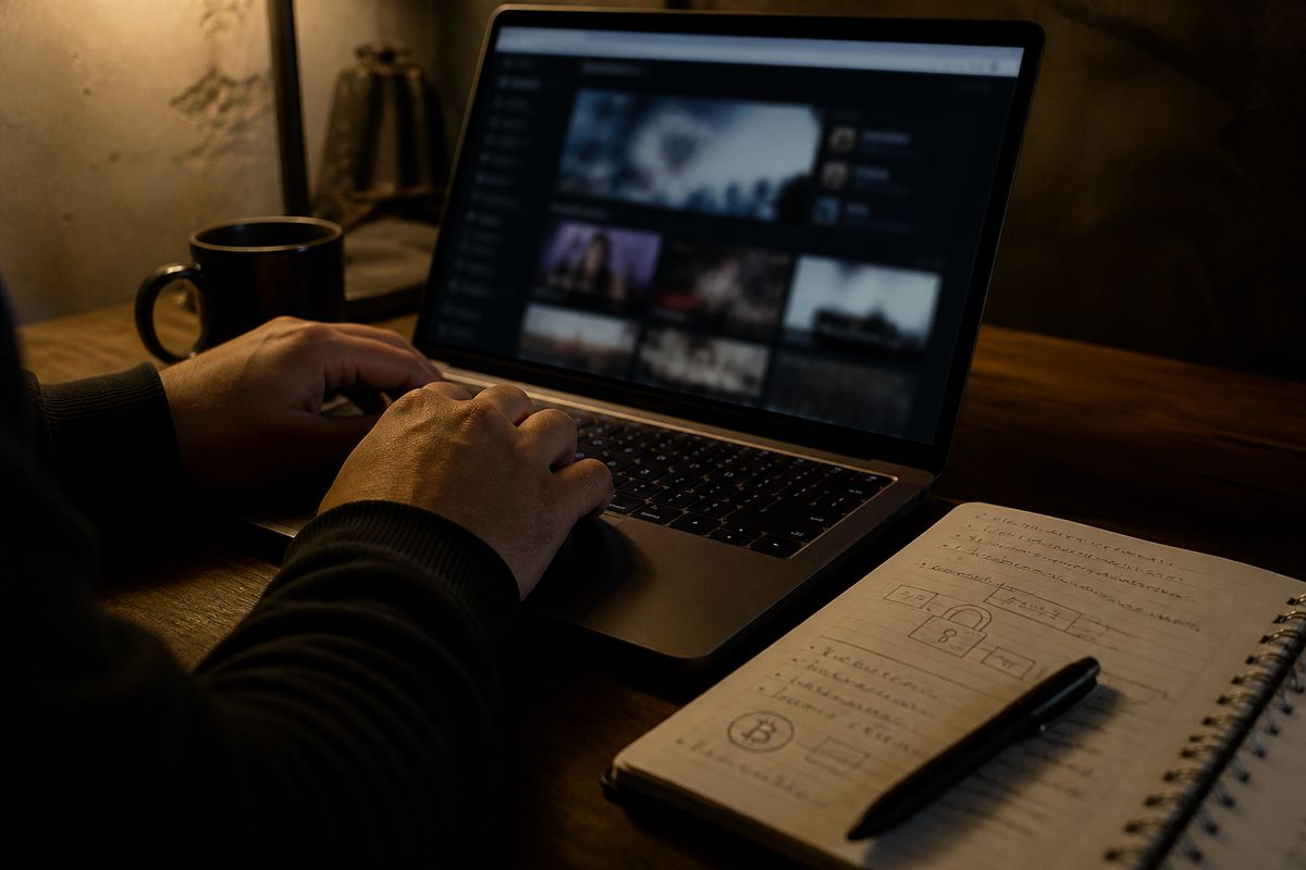 A person navigating a dark web marketplace on a laptop, surrounded by notes on security and cryptocurrency.