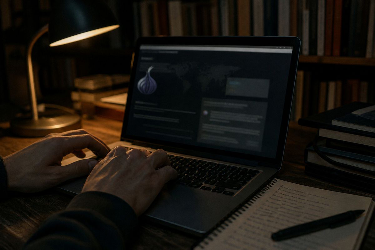 A person carefully exploring onion Tor websites on a laptop in a cozy, dimly lit study.