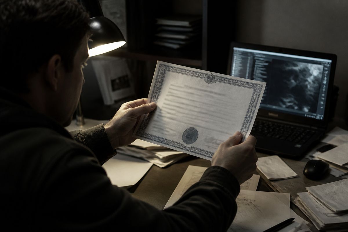 A person closely examines a fake birth certificate, emphasizing the risks of document fraud.
