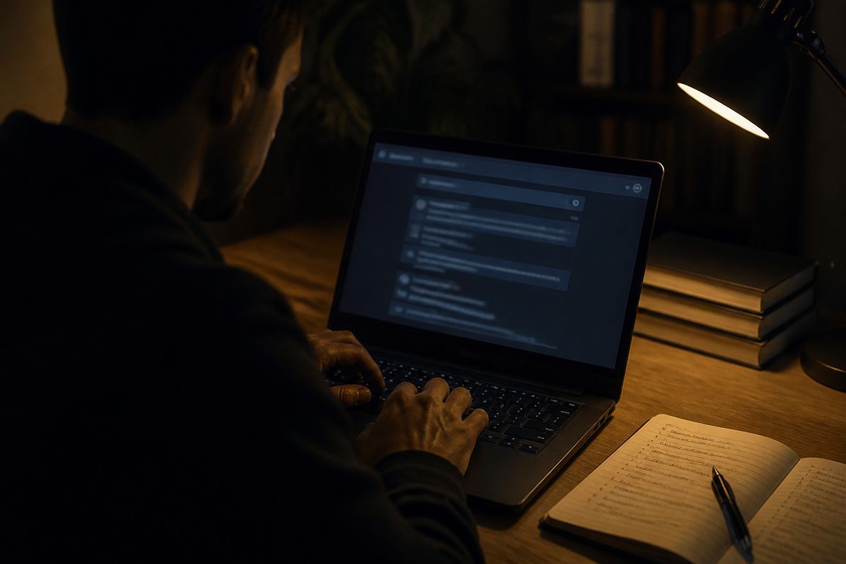 A person securely accessing the Excavator Tor link on a laptop in a cozy workspace.