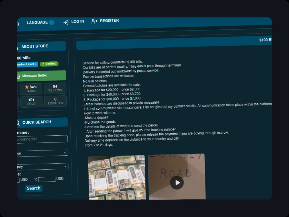 Website interface offering fake counterfeit money for sale