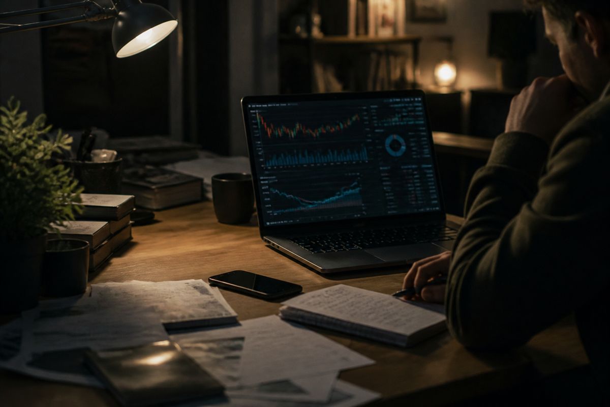 A focused individual analyzing cryptocurrency transaction data in a modern workspace, highlighting deep web market dynamics.