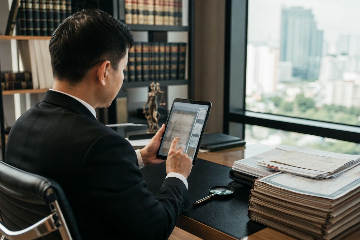 A professional examining a document with a fake document detection app on a tablet in an office setting.