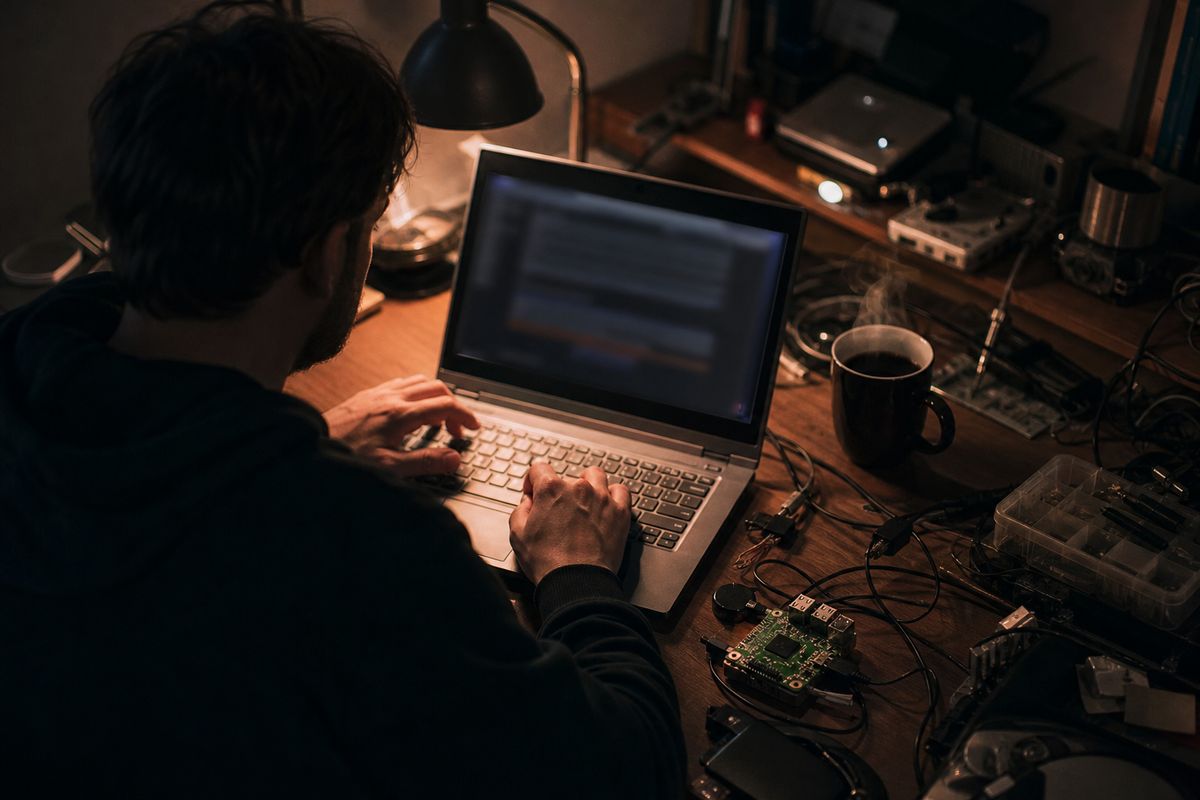 A person accessing a .onion website on their laptop in a dimly lit room, illustrating the article's focus on accessing Xonion links.