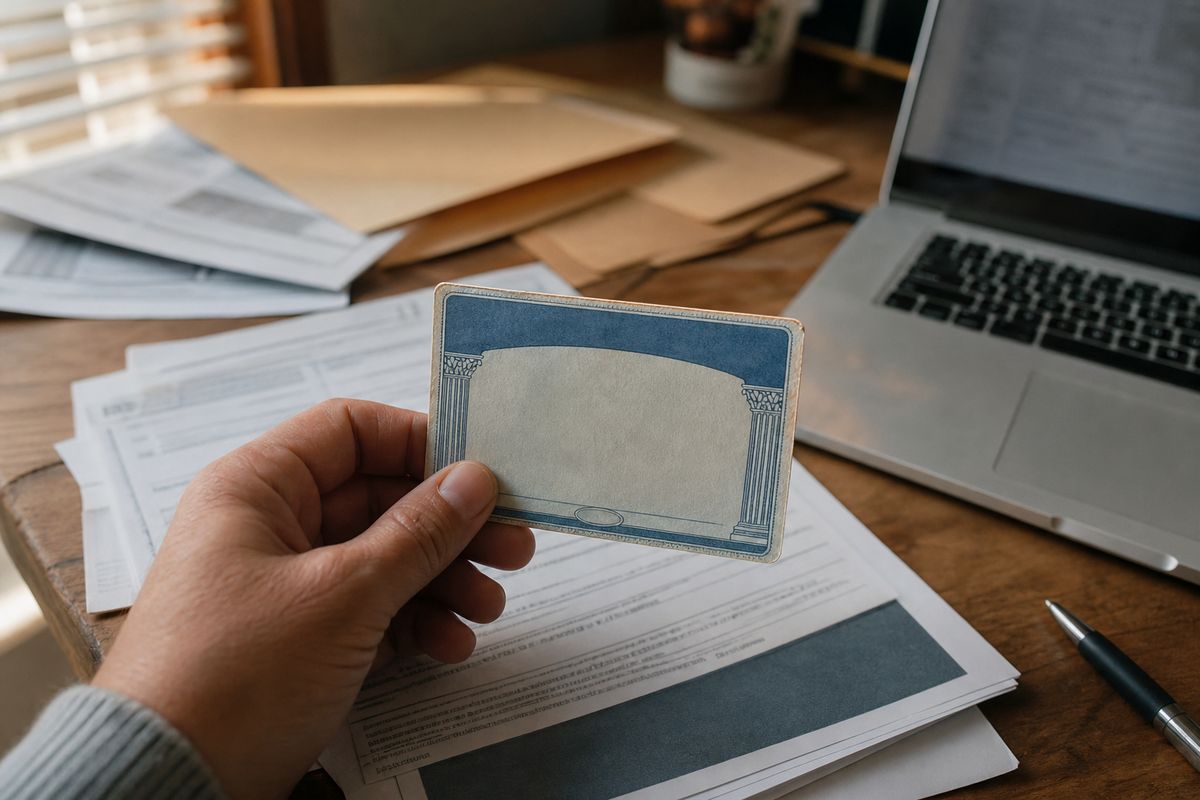 A hand holding a Social Security card on a desk, reflecting the article's exploration of identity purchase risks.