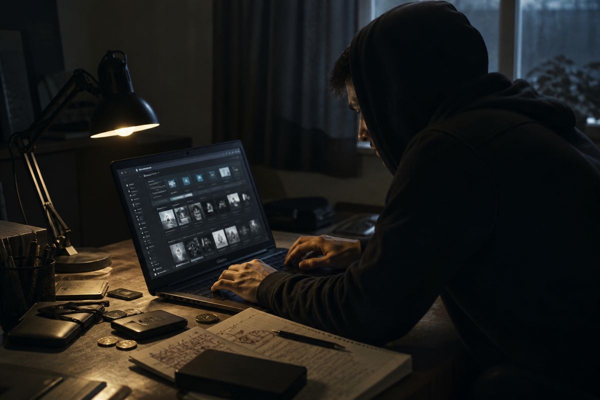 A person studying dark web marketplace listings, surrounded by cryptocurrency wallets and notes.