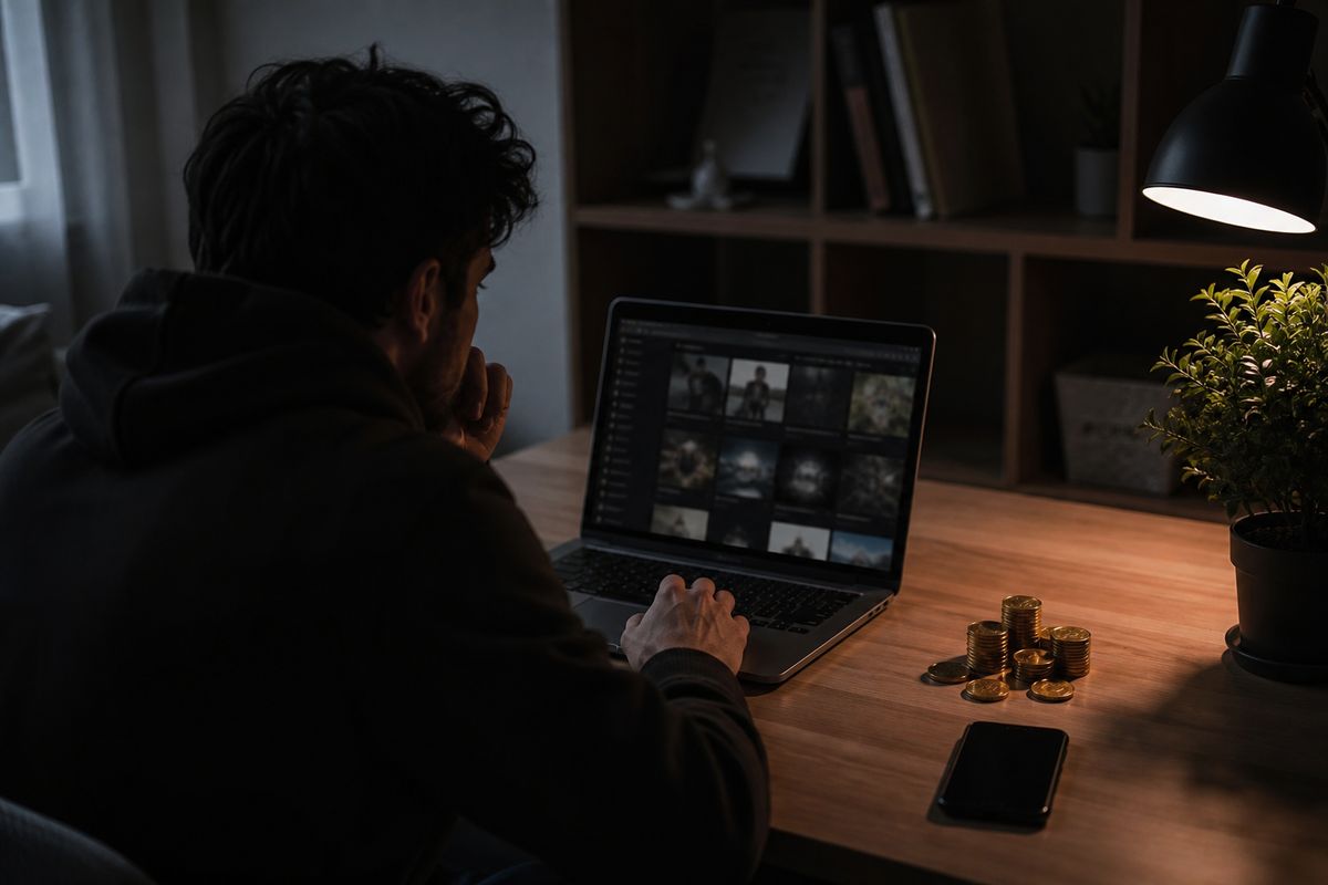 A focused individual exploring a darknet marketplace on their laptop in a dimly lit space.