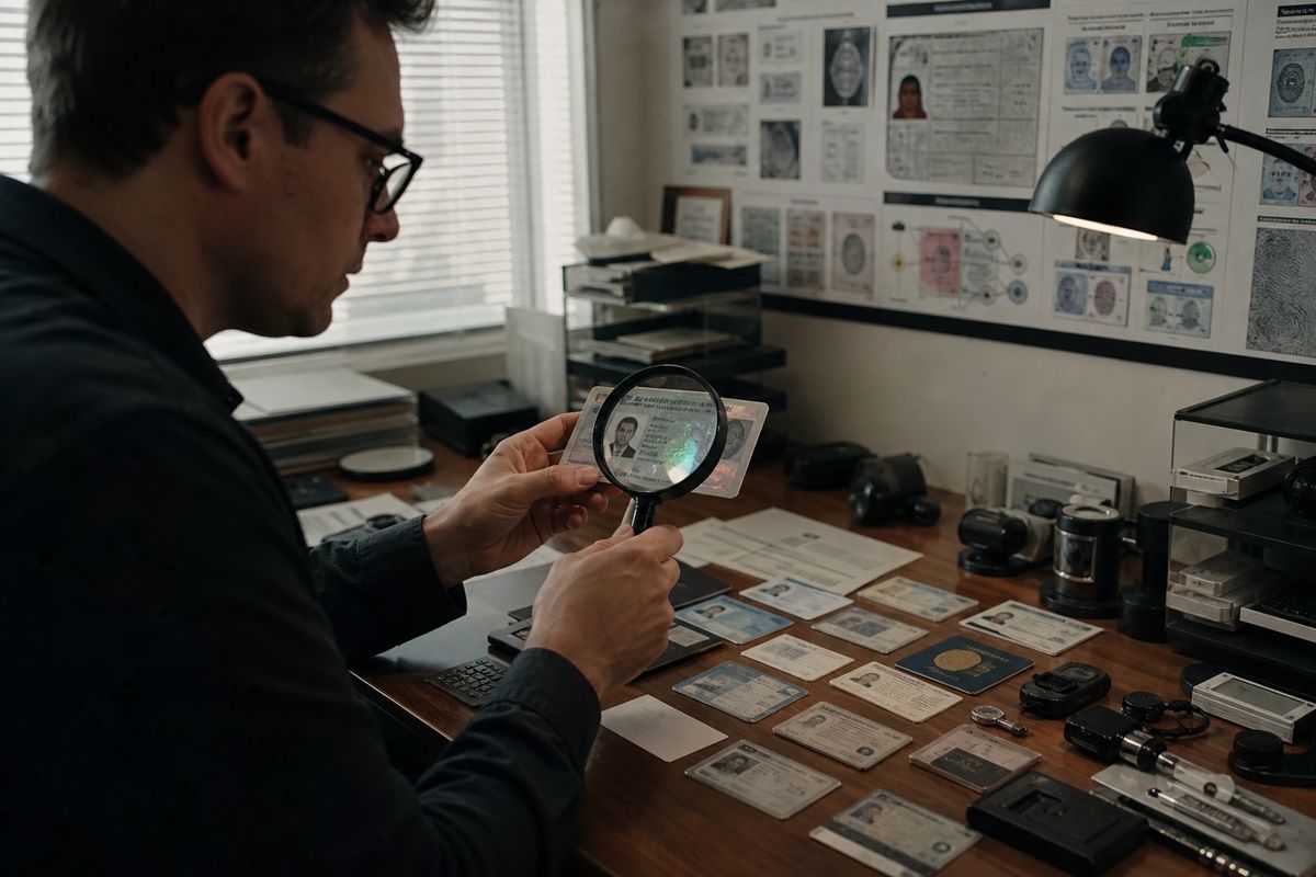 A person inspecting an international ID card closely to identify potential fakes, emphasizing real-world verification techniques.