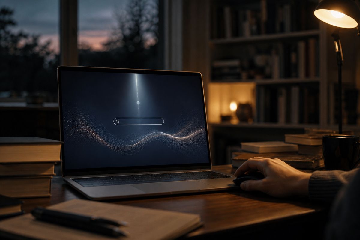 A person using a laptop to access the Torch search engine in a cozy study, highlighting the dark web exploration.