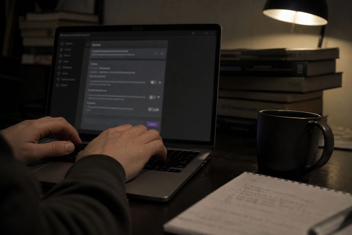 A person configuring Tor Browser settings on a laptop, highlighting privacy and security features.