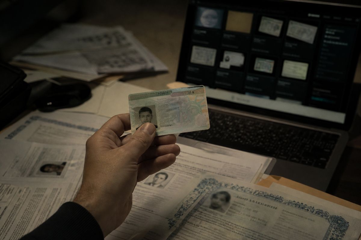 A hand holding a counterfeit green card amidst scattered immigration documents, highlighting the risks of document fraud.