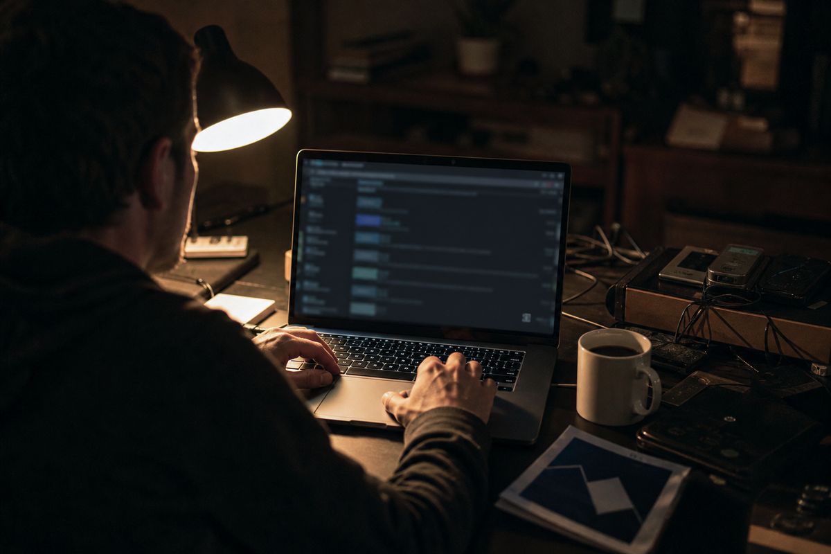 A user exploring the r/onions subreddit on a laptop, surrounded by tech gadgets and a warm desk lamp.